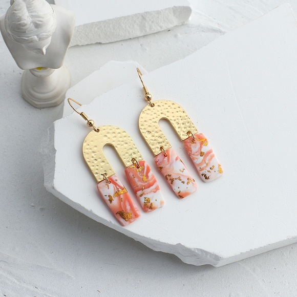 Jewelry - Horseshoe Gold Foil Flecked Polymer Clay Drop Pink and Gold Earrings